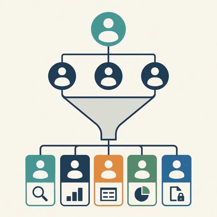 org chart funneling into five role boxes, each with limited data access icons