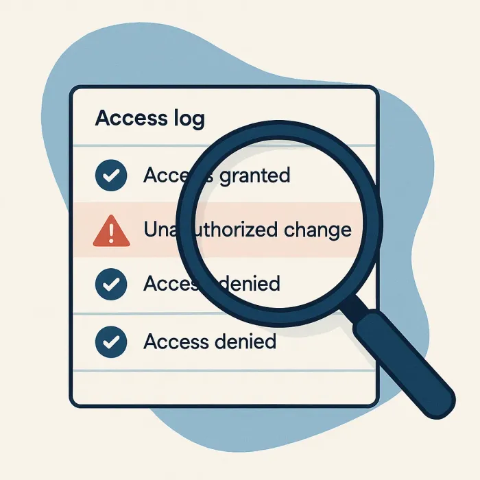 magnifying glass over access log highlighting a flagged unauthorized change
