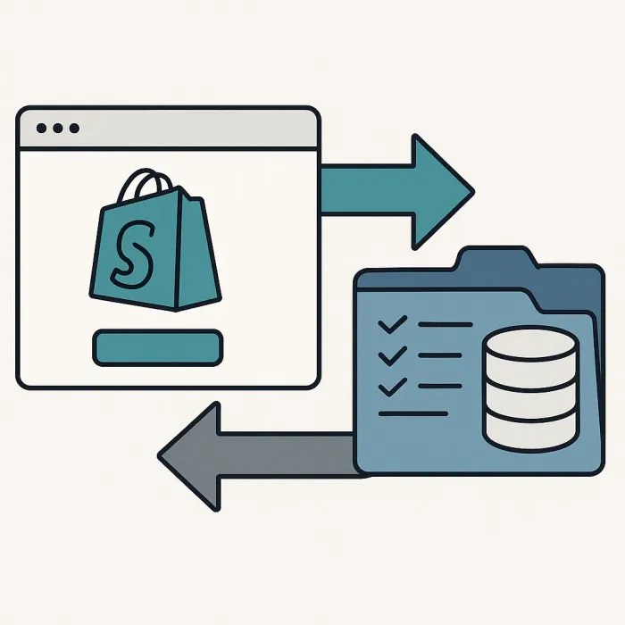Shopify webshop en FileMaker-systeem met pijlen voor bestellingen en inventaris