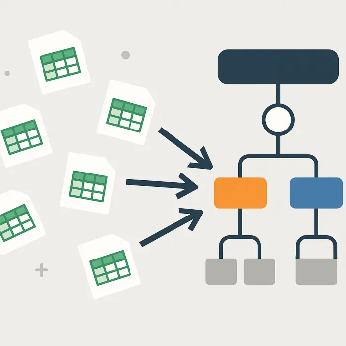 scattered spreadsheet icons feeding into one structured workflow diagram