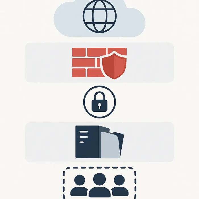 layered diagram: internet, firewall, VPN, FileMaker Server, scoped accounts