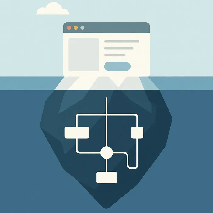 Legacy system iceberg: visible interface above water, hidden business logic below