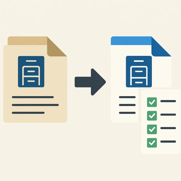 old and new FileMaker file side by side with a migration checklist arrow between them