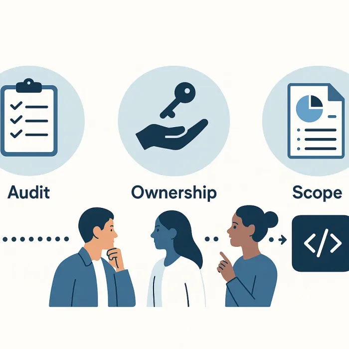 Timeline showing audit, ownership, and scope steps before development starts
