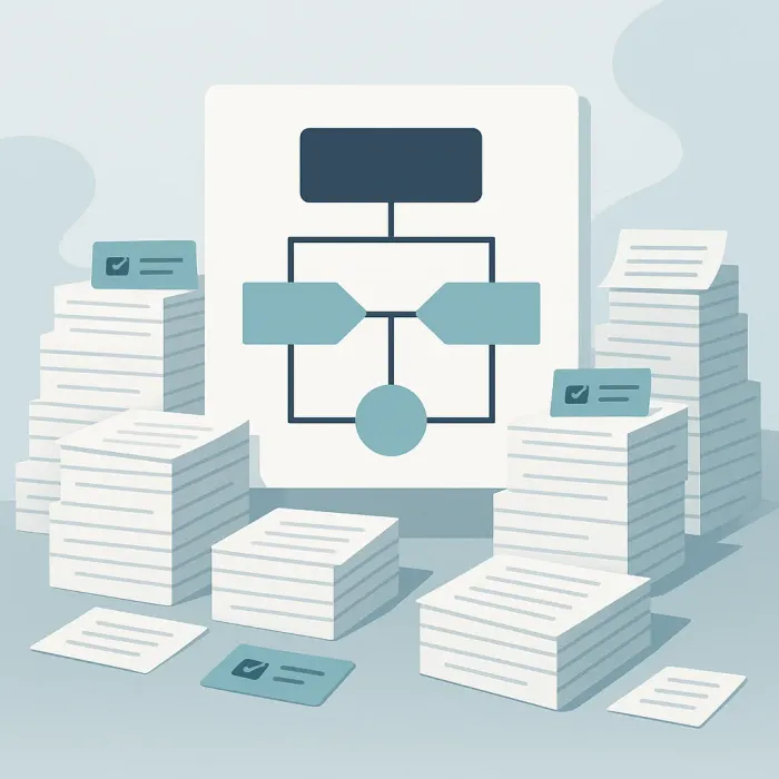 backlog of improvement requests piling up around a central business system diagram