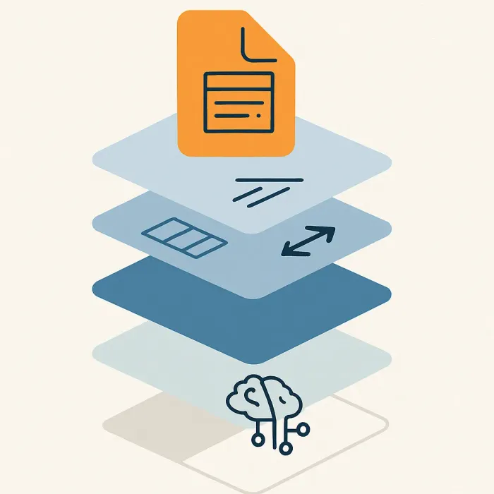 five stacked layers: files, layouts, scripts, integrations, AI add-ons
