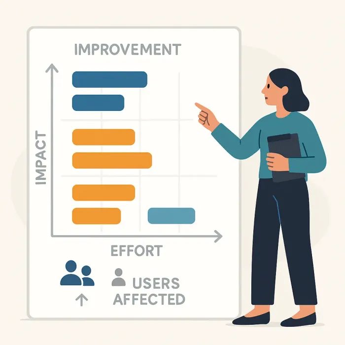 scoring matrix with improvement requests ranked by impact, users affected, and effort