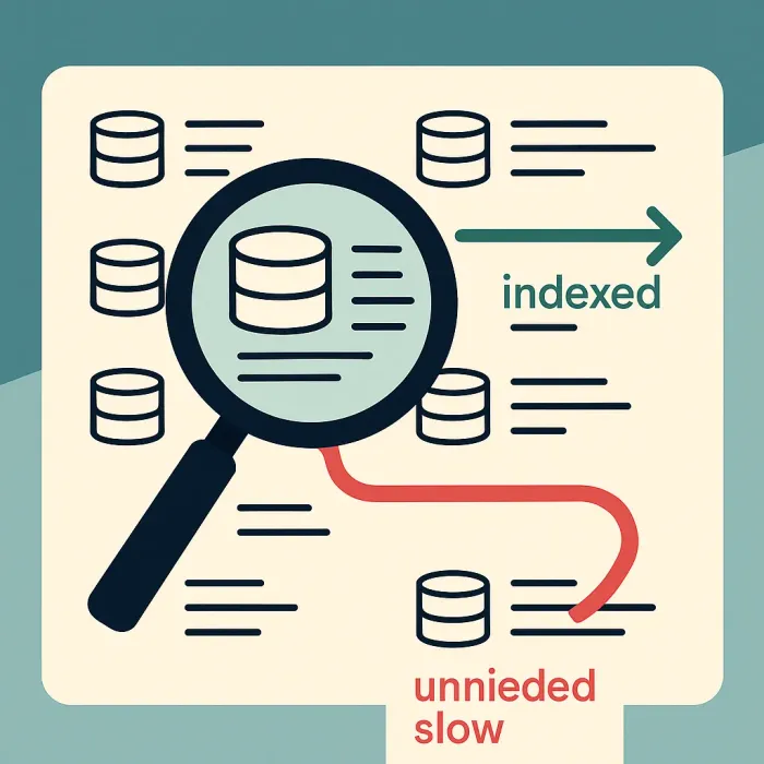 magnifying glass over database records, one path marked indexed fast, one marked unindexed slow