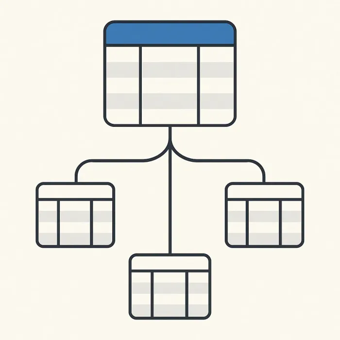 one database table branching into four labeled table occurrence boxes
