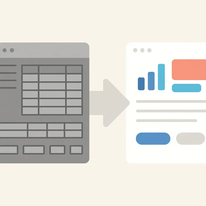 old grey database screen transforming into modern app interface