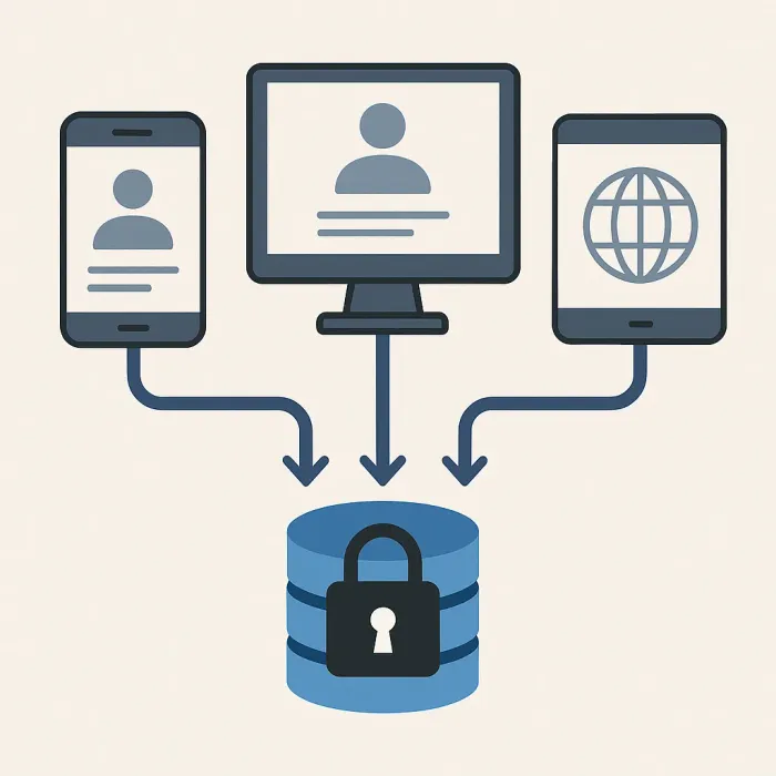 three different access channels feeding into one locked database core