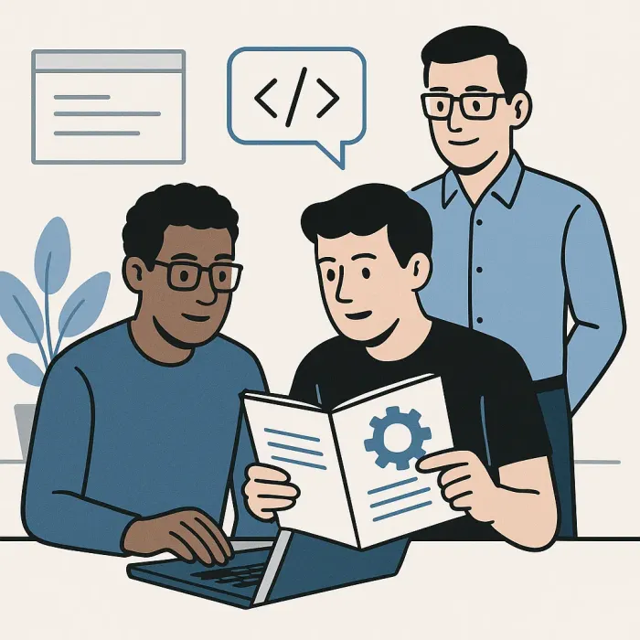 Two developers reviewing system documentation together, IT manager observing