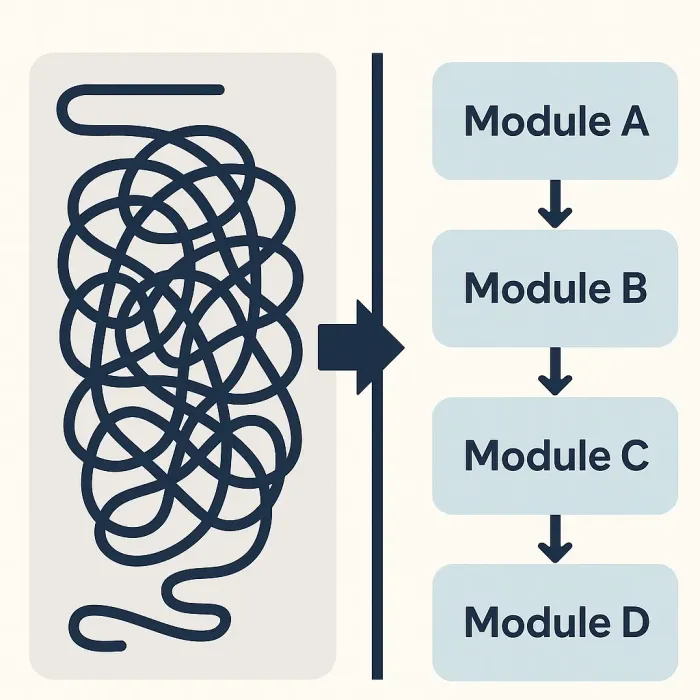 old tangled script being split into clean labeled modules