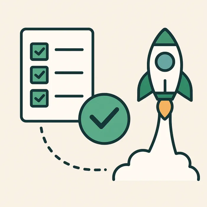 checklist flowing into a green checkmark before a rocket launch icon