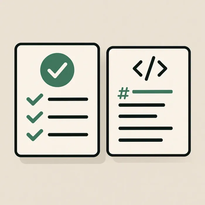 a checklist card next to a script icon showing well-commented versus uncommented code