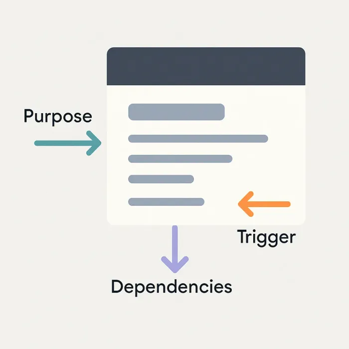 a script header block with labeled arrows pointing to purpose, trigger, and dependencies