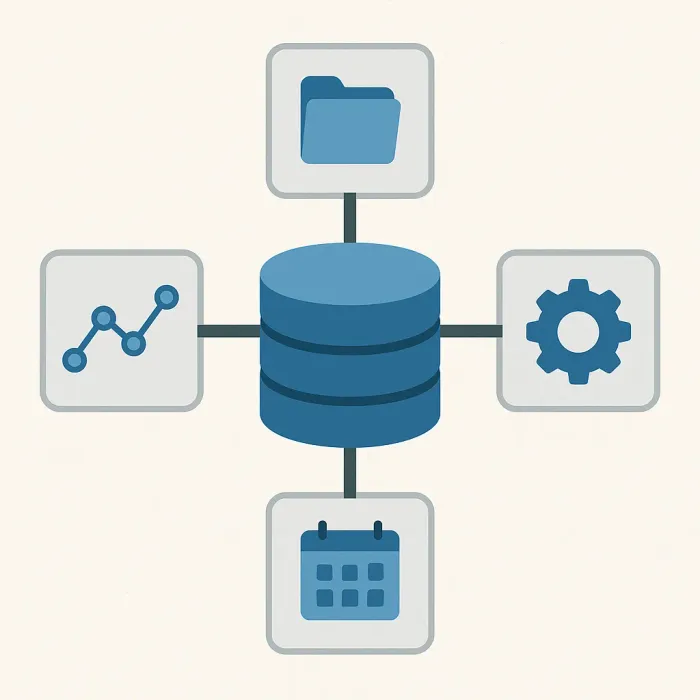 modular extensions connecting to a central FileMaker core, each as a separate detachable block