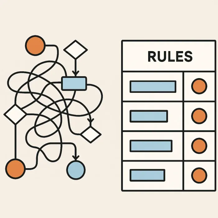 a tangled script diagram next to a clean labeled rules table