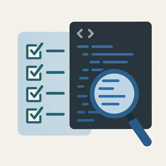 checklist next to a code script with a magnifying glass