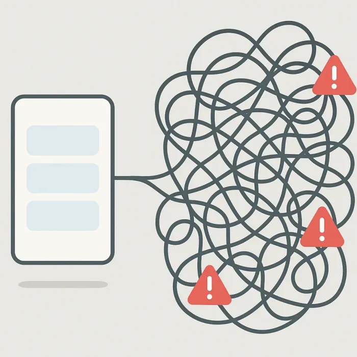simple app growing complex with tangled connections and warning icons