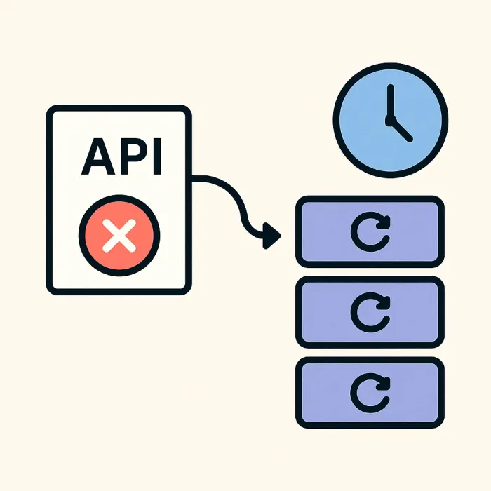 a failed API call flowing into a retry queue with a clock icon