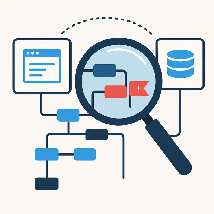 magnifying glass over a data flow between two connected systems, one step flagged red