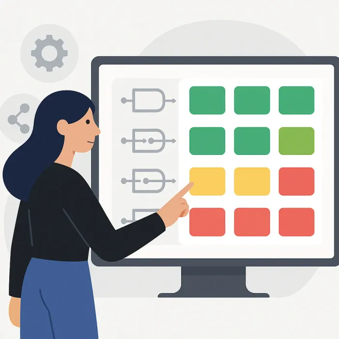 dashboard showing green/yellow/red status tiles for several automated workflows