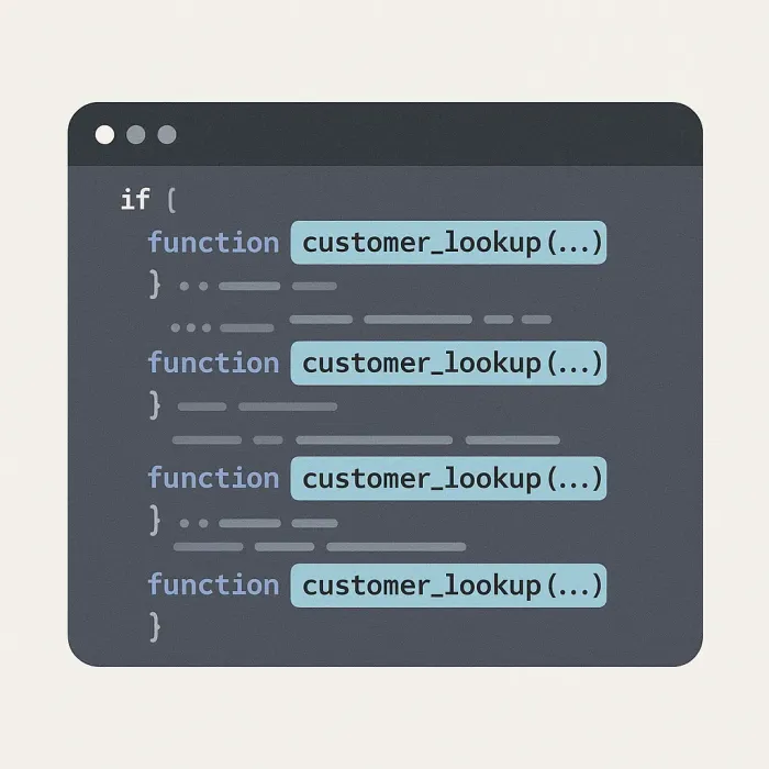 one codebase with four near-duplicate customer-lookup functions highlighted