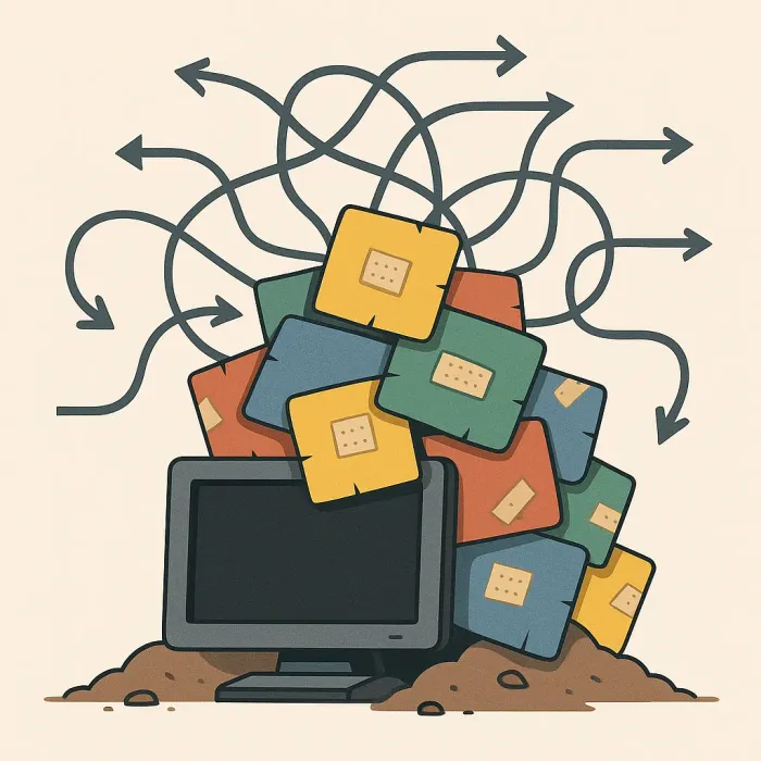 Legacy system buried in layers of patches, tangled arrows showing dependencies between modules