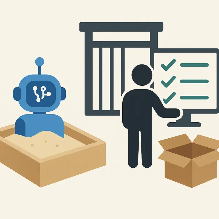 autonomous AI agent inside a sandbox box with a human review gate before production