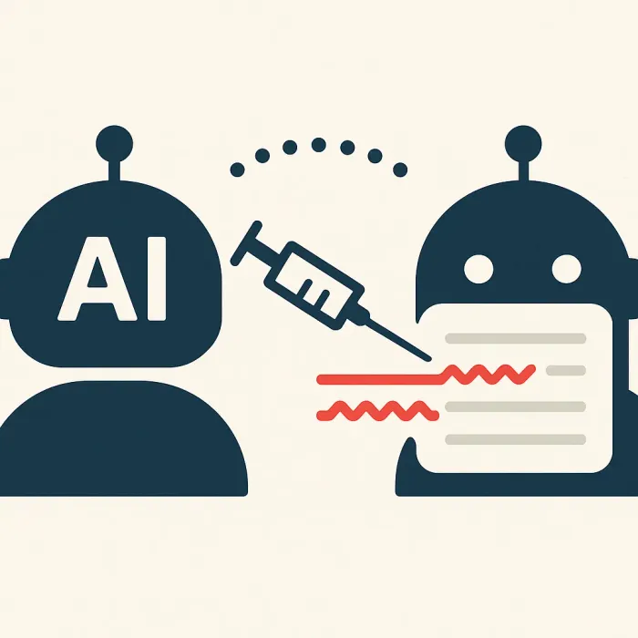 twee AI-agent-pictogrammen verbonden, waarvan er één kwaadaardige verborgen tekst in de ander injecteert
