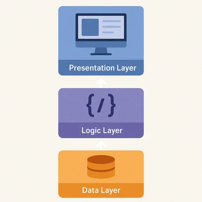 three-layer architecture diagram showing data layer, logic layer, and presentation layer separated