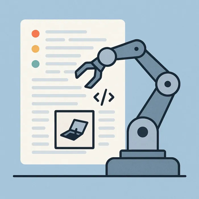 a robot arm reading a code file with a hidden trapdoor icon