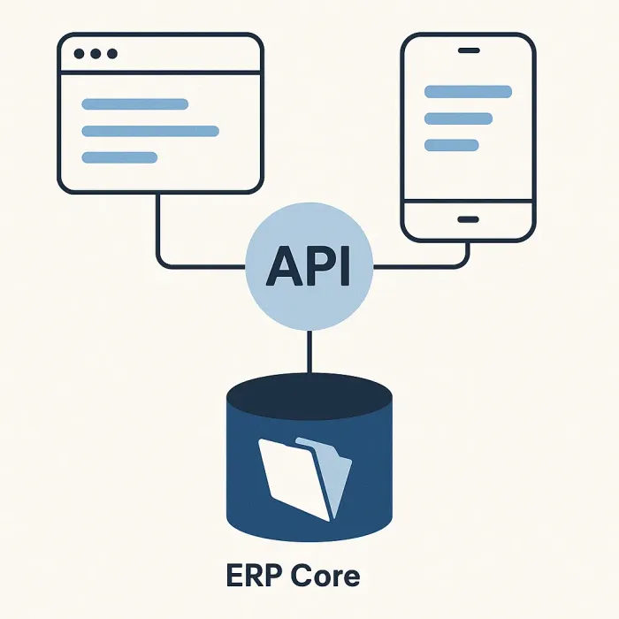 web and mobile interfaces connecting to FileMaker ERP core through a central API layer