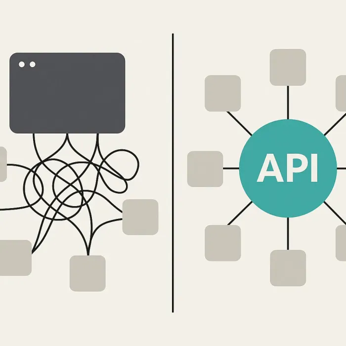 legacy system with tangled point-to-point connections versus clean modular API hub