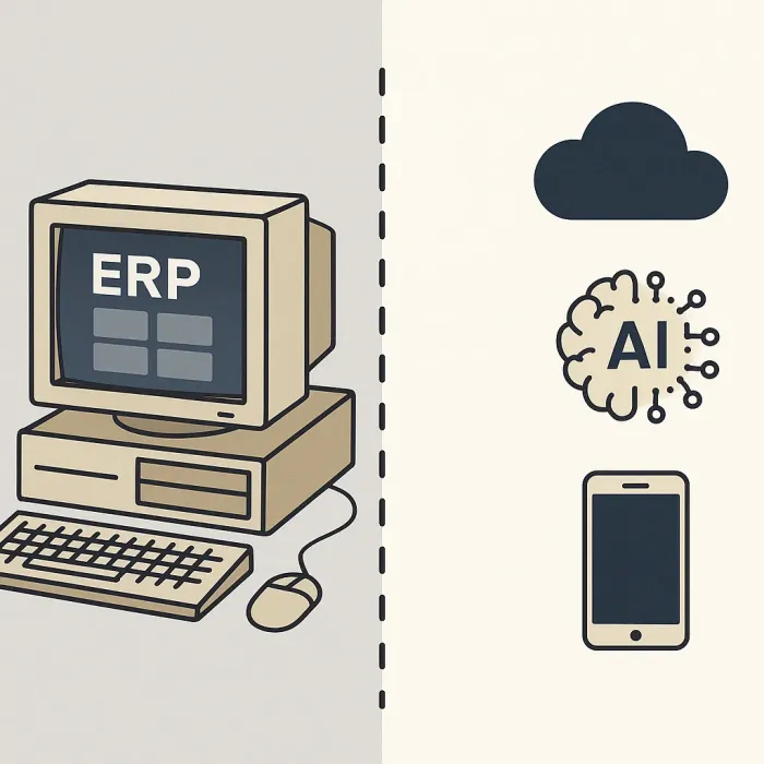 legacy desktop ERP isolated from web mobile and AI layers, showing disconnected systems