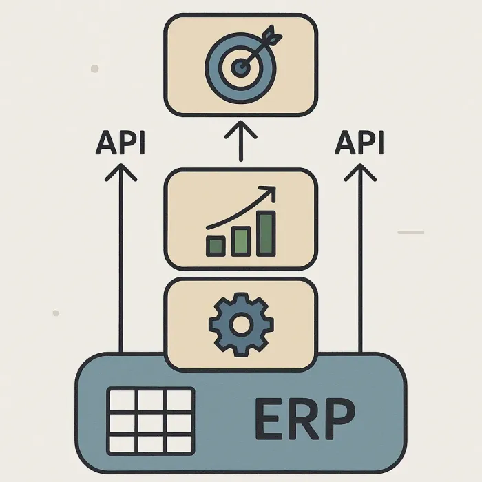 three targeted upgrades layered on top of existing ERP core, connected by API arrows