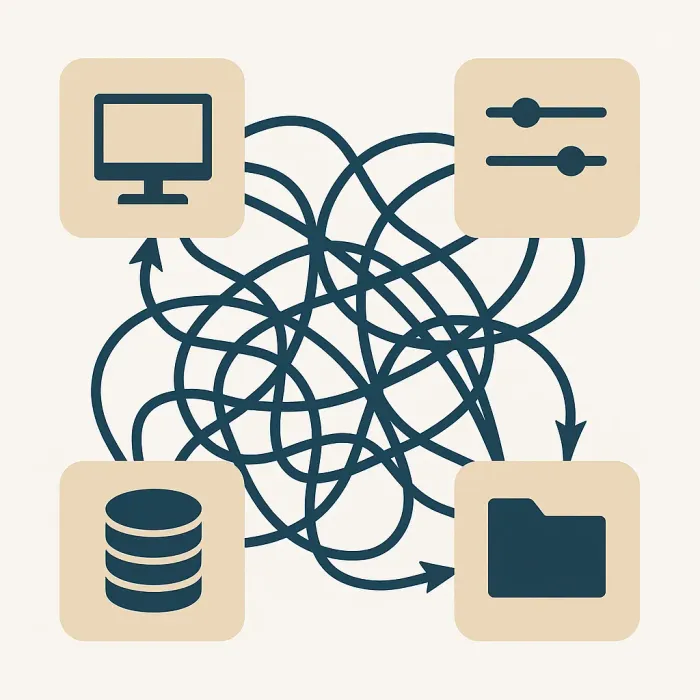 legacy system with tangled arrows between modules, no clear API layer