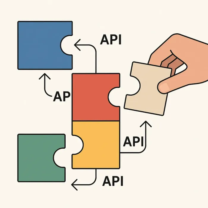 modular building blocks connected by labeled API arrows, replacing one block without touching others