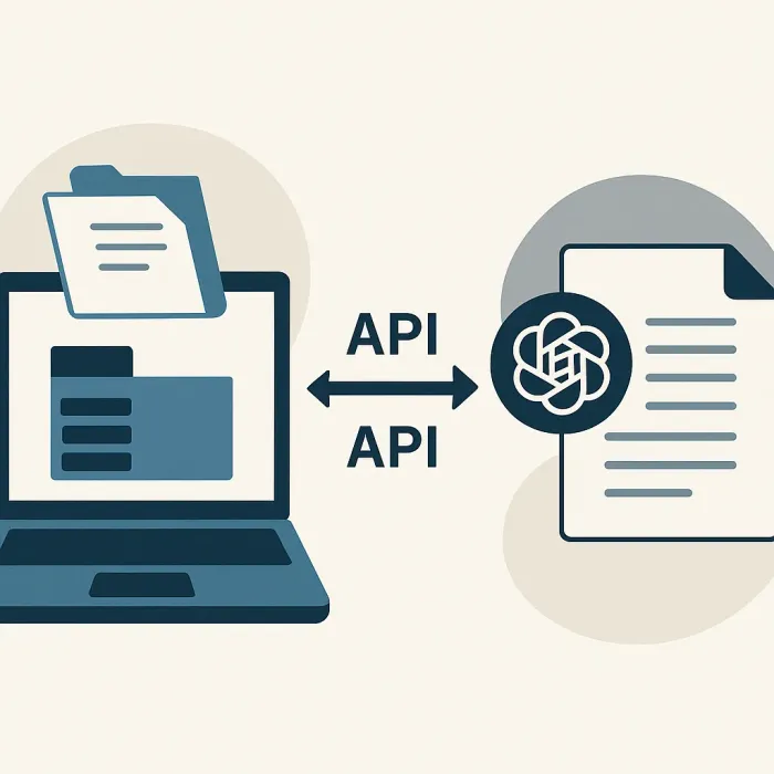 FileMaker system sending a request to an AI service, receiving a formatted document back, connected by two API arrows