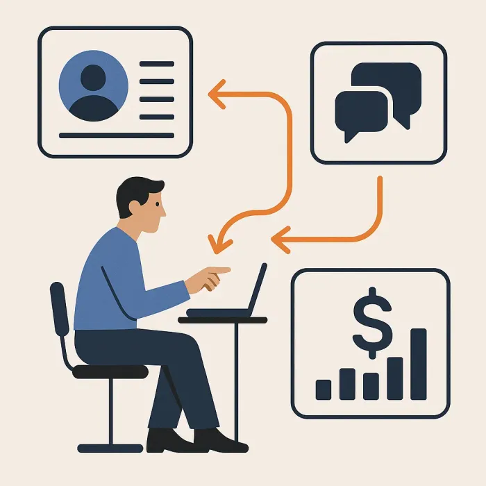 disconnected business systems with manual data entry arrows between them
