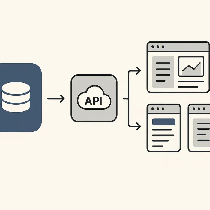 Step-by-step flow: ERP back end, API middleware layer, three independent front-end applications