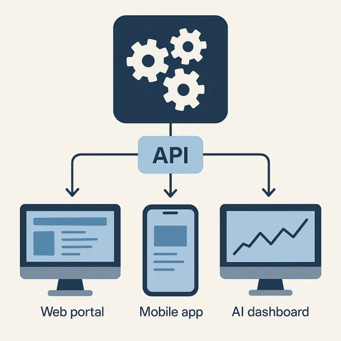 Diagram showing back-end logic engine connected via API to three separate front ends: web portal, mobile app, AI dashboard