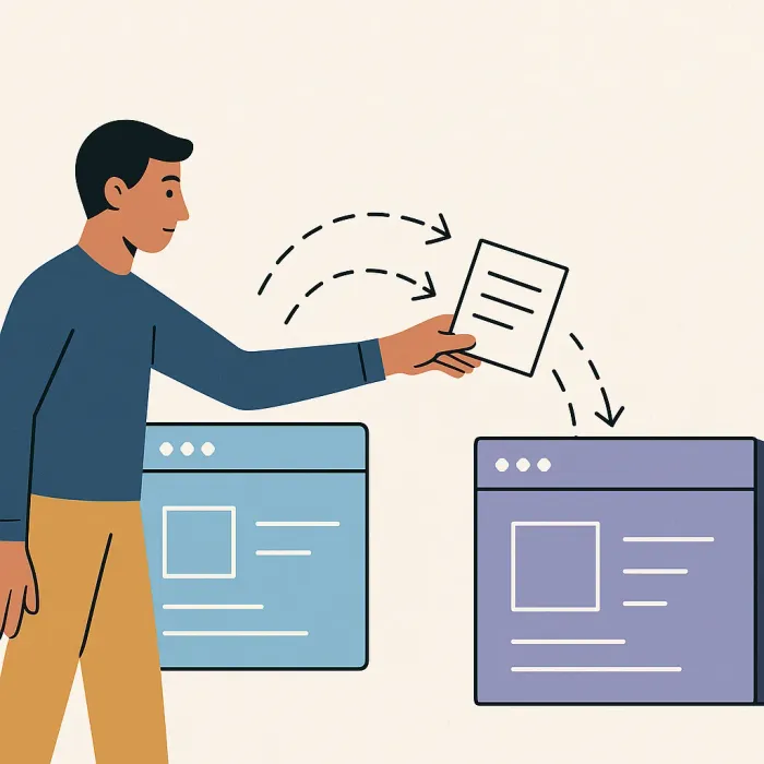 Two disconnected software boxes with a person manually transferring data between them by hand