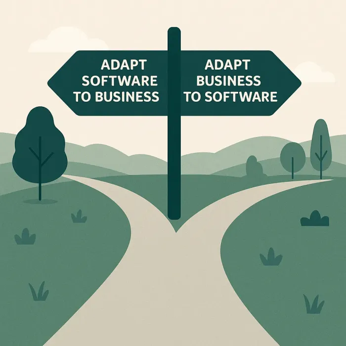 Fork in a road labeled 'adapt software to business' versus 'adapt business to software'