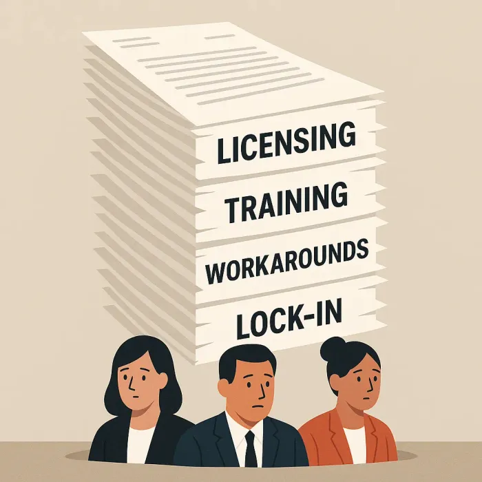 Business team buried under stacked invoices labeled licensing, training, workarounds, lock-in