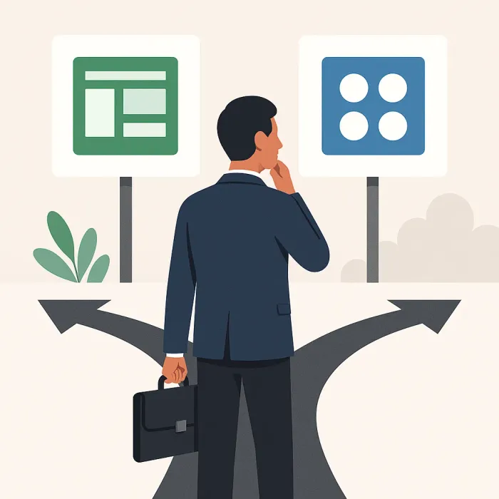 business leader choosing between software options at a decision crossroads