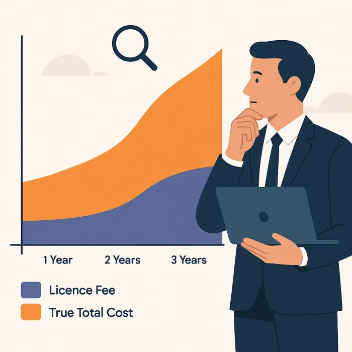 TCO breakdown chart showing licence fee versus true total cost over three years