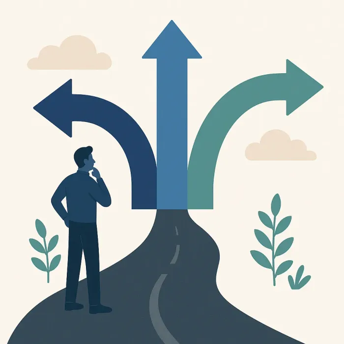 Three paths splitting from one road: build, buy, extend decision fork
