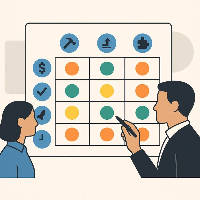 Decision matrix grid comparing build, buy, extend across cost, risk, fit, and speed